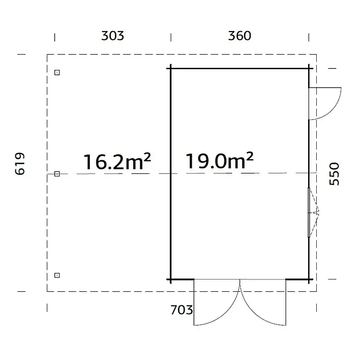 Palmako Garaje con carport Roger con puerta abatible - Medidas ext. (An x Pr): 703 cm x 619 m, Natural, Madera, 19 m², Incluye puerta de madera - Plano de planta de una caseta de jardín de 619x703, dividida en áreas de 16,2m² y 19,0m².