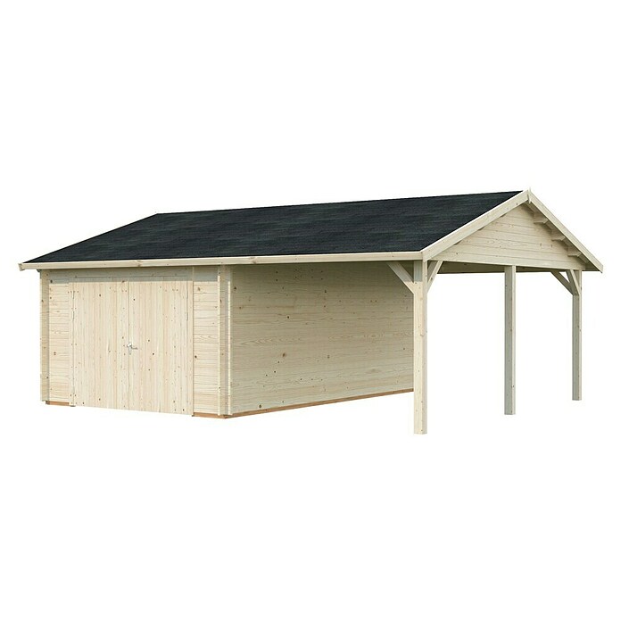 Palmako Garaje con carport Roger con puerta abatible (Medidas ext. (An x Pr): 703 cm x 619 m, Natural, Madera, 19 m², Incluye puerta de madera) | BAUHAUS