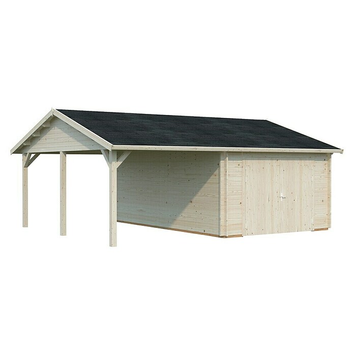 Palmako Garaje con carport Roger con puerta abatible (Medidas ext. (An x Pr): 703 cm x 619 m, Natural, Madera, 19 m², Incluye puerta de madera) | BAUHAUS