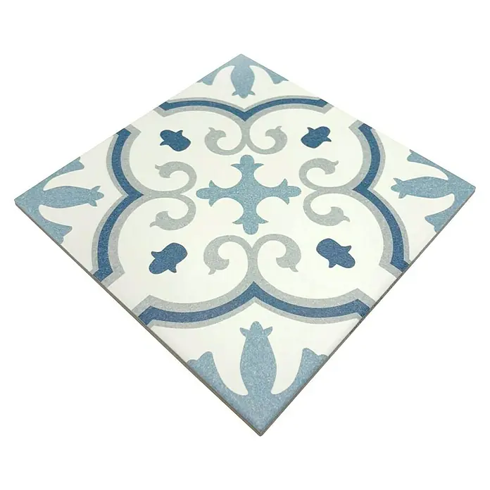Feinsteinzeugfliese Montecarlo Blue - 25 x 25 cm, Blau/Weiß, Matt - Dekorfliese mit blau-grauem Muster. Das quadratische Keramikprodukt bietet dekorative und haltbare Lösungen für Innenräume.