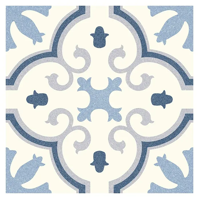 Feinsteinzeugfliese Montecarlo Blue - 25 x 25 cm, Blau/Weiß, Matt - Abstraktes Designfliesenmuster mit blauen, grauen und cremefarbenen Elementen, ideal für dekorative Boden- oder Wandgestaltung.