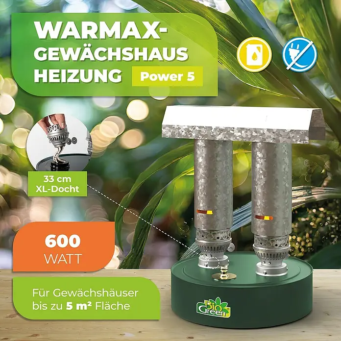 BioGreen Gewächshaus-Heizung Warmax Power 5 - 30 x 30 x 41 cm, Leistung: 600 W - Produktbild der WARMAX-Gewächshausheizung Power 5, eine Petroleumheizung für Gewächshäuser bis zu 5 m² Fläche.