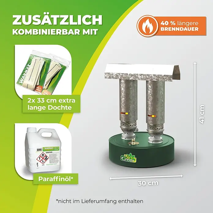 BioGreen Gewächshaus-Heizung Warmax Power 5 - 30 x 30 x 41 cm, Leistung: 600 W - Produktbild eines Bio Green Paraffinofen, der eine Brenndauer von 40% länger hat und mit Paraffinöl und 2x 33 cm langen Dochten kombinierbar ist.
