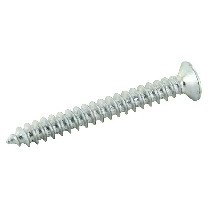 Schwaiger Steckdosenleiste Modulare Stromschiene - 75 cm, Schwarz, IP20, Ohne Schalter - Nahaufnahme einer glänzenden, silberfarbenen Senkkopfschraube mit scharfen Gewinden auf schwarzem Hintergrund.