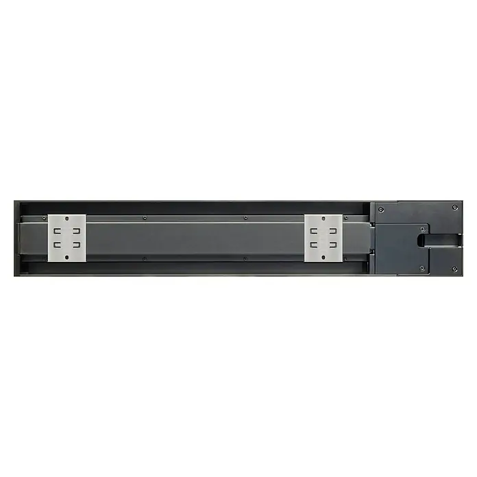 Schwaiger Steckdosenleiste Modulare Stromschiene - 50 cm, Schwarz, IP20, Ohne Schalter - Detailansicht des Rackmount-Schiebebodens mit robusten Metallhalterungen für zusätzliche Stabilität und sicheren Halt.