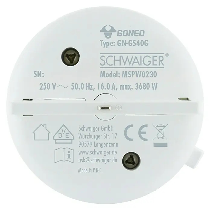 Schwaiger Steckdose Adapter - 6,2 cm, Weiß - Nahaufnahme eines runden, weißen GONEA GN-GS40G Smart Plugs von SCHWAIGER mit technischen Details und Zertifizierungen.