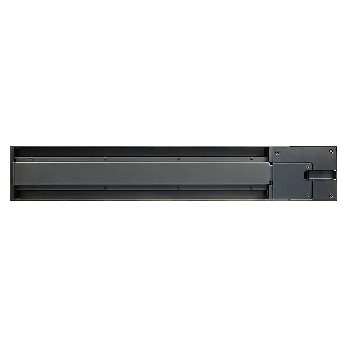 Schwaiger Steckdosenleiste Modulare Stromschiene - 50 cm, Schwarz, IP20, Ohne Schalter - Ansicht einer schwarzen Geräteblende mit Schrauben. Das Produkt hat eine rechteckige Form und eine matte Oberfläche.