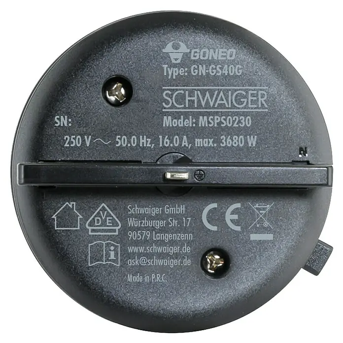 Schwaiger Steckdose Adapter - 6,2 cm, Schwarz - Nahaufnahme eines schwarzen Schwaiger GN-GS40G Smart Home Geräts mit technischen Daten und Zertifizierungen.
