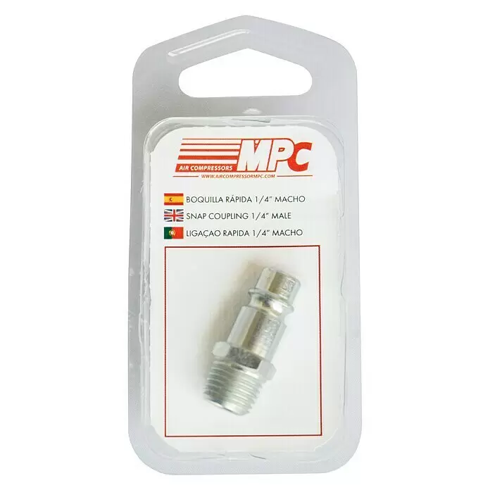MPC Boquilla de conexión macho - ¼″ - Un acoplamiento rápido macho de metal de 1/4 de pulgada para aire, en blíster transparente con etiqueta MPC.