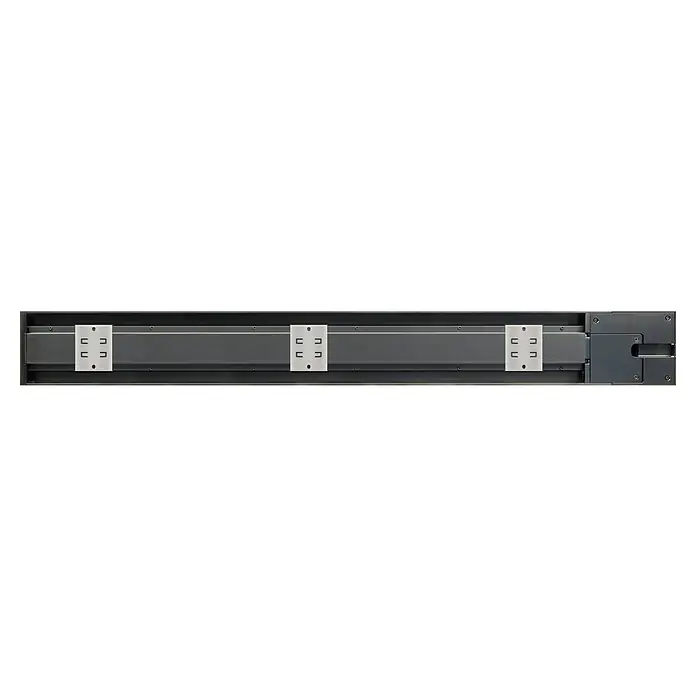 Schwaiger Steckdosenleiste Modulare Stromschiene - 75 cm, Schwarz, IP20, Ohne Schalter - Metallschublade mit silbernen Befestigungen. Dunkelgraue Metallschublade mit drei silbernen Halterungen und einem schwarzen Griff rechts.