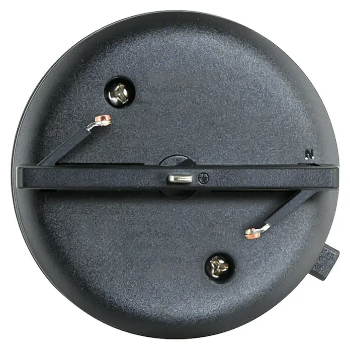 Schwaiger Steckdose Adapter - 6,2 cm, Schwarz - Nahaufnahme der Rückseite eines runden, schwarzen Geräts mit Schrauben und Kabeln, das eine komplexe elektronische Komponente zeigt.