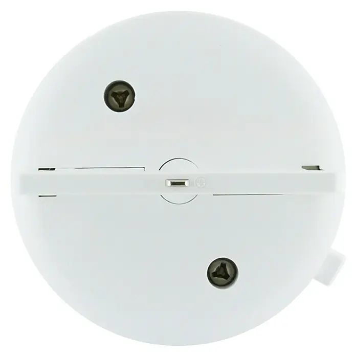 Schwaiger Steckdose Adapter - 6,2 cm, Weiß - Nahaufnahme einer weißen runden Deckenleuchte mit Schrauben und USB-Anschluss, die ein schlichtes und funktionales Design zeigt.