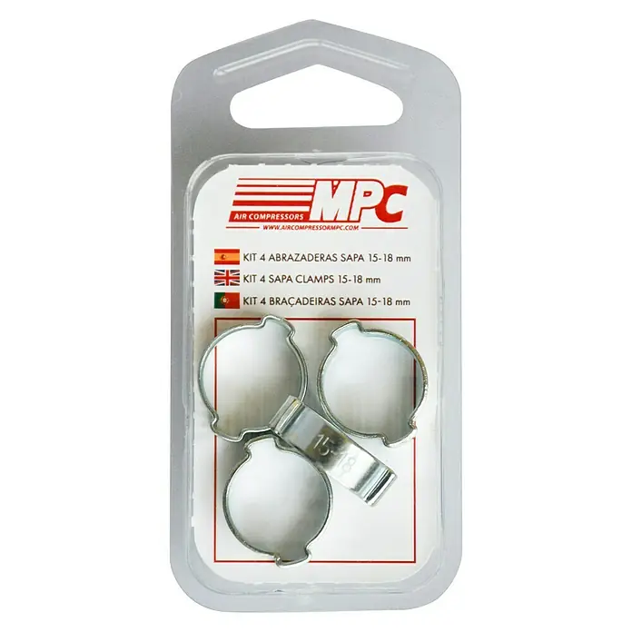 MPC Surtido de abrazaderas para manguera SAPA - 15 - 18 mm, 4 ud. - Paquete de 4 abrazaderas SAPA de 15-18 mm para compresores de aire, ideales para una fijación segura de mangueras.