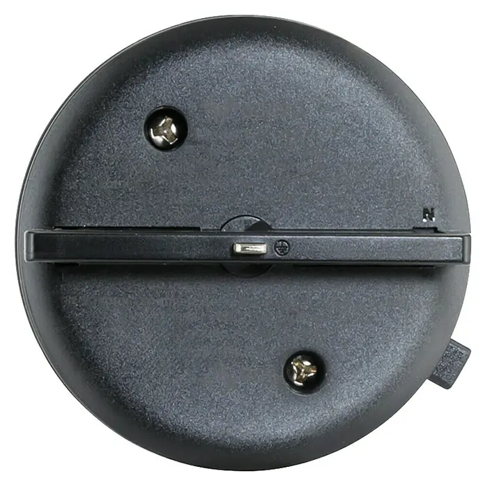 Schwaiger Steckdose Adapter - 6,2 cm, Schwarz - Nahaufnahme einer schwarzen runden Vorrichtung mit Schrauben und einem Schalter, möglicherweise Teil eines elektronischen Geräts.