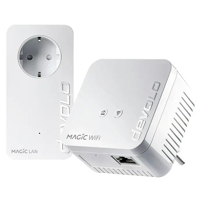 Devolo WLAN-Verstärker Magic 1 WiFi mini Starter Kit - Weiß - Produktabbildung des Devolo Magic WiFi Adapters und des Devolo Magic LAN Adapters in Weiß für eine bessere Netzwerkverbindung im Haus.