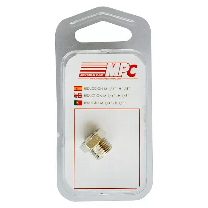 MPC Reductor - ¼ - ¹⁄₈″ - Un racor reductor roscado metálico plateado en un blíster transparente.