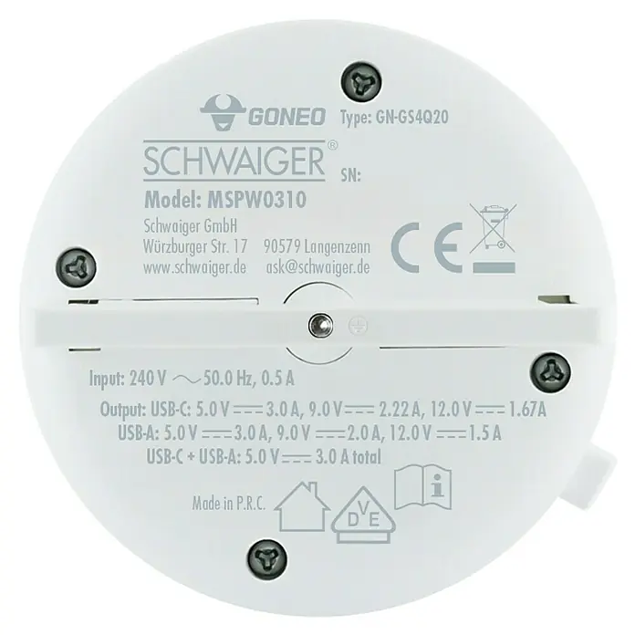 Schwaiger USB-Steckdose Adapter USB-A, USB-C - 6,2 cm, Weiß - Nahaufnahme eines weißen GONEO GN-GS4Q20 SCHWAIGER® MSPW0310 Ladegeräts mit technischen Daten und Zertifizierungen.