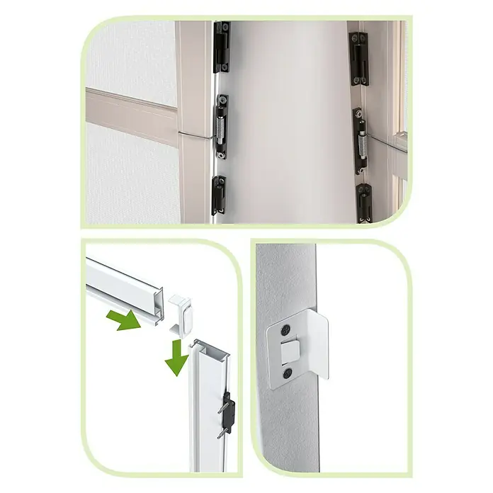 Mosquitera abatible - An x Al: 125 x 220 cm, Montaje de la mosquitera: Inserción, Color bastidor: Blanco - Vistas detalladas de una puerta mosquitera que destacan sus mecanismos de montaje y la guía de instalación para una fácil configuración.