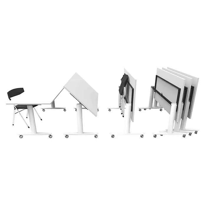 ArtExport Mesa de escritorio Taxi - L x An x Al: 80 x 160 x 74 cm, Blanco, Ruedas - Imagen de varias mesas plegables móviles con tableros blancos y estructuras con ruedas para un uso flexible en diversos entornos.