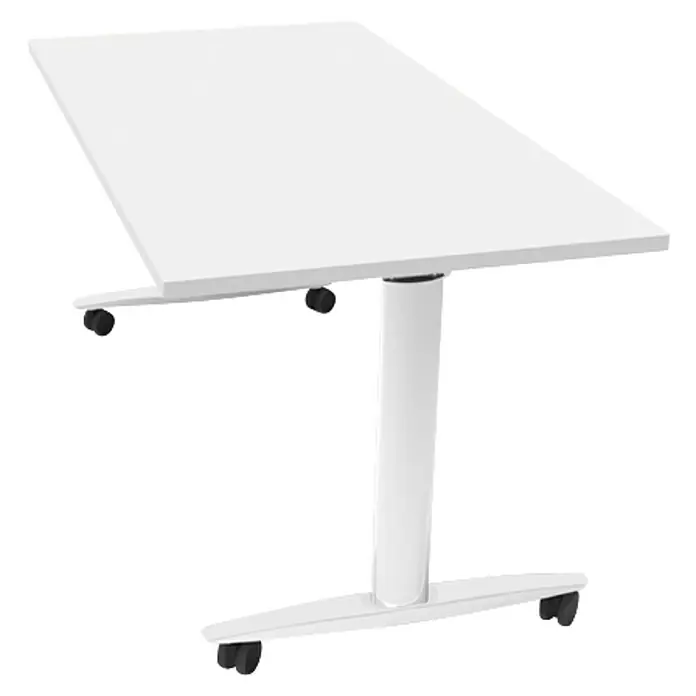ArtExport Mesa de escritorio Taxi - L x An x Al: 80 x 160 x 74 cm, Blanco, Ruedas - Imagen de una mesa de trabajo blanca ajustable con ruedas. La mesa presenta un diseño moderno y ofrece flexibilidad en la oficina.
