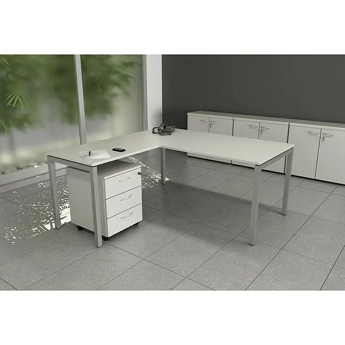 ArtExport Presto Estantería de madera Venere - L x An x Al: 35 x 80 x 180 cm, Número de baldas: 4 ud., Blanco - Un escritorio esquinero blanco moderno con un armario rodante en la oficina. El escritorio ofrece mucho espacio para el trabajo de oficina.