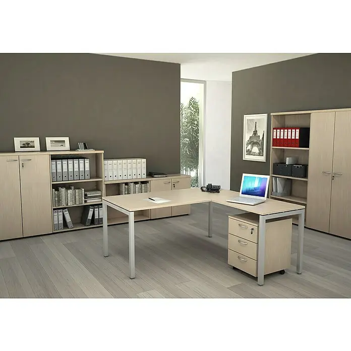 ArtExport Presto Cajonera con ruedas Venere - L x An x Al: 52 x 43 x 59,5 cm, Haya, Número de cajones: 3 ud. - Oficina con escritorio para ordenador, archivador y suelo de madera gris claro.