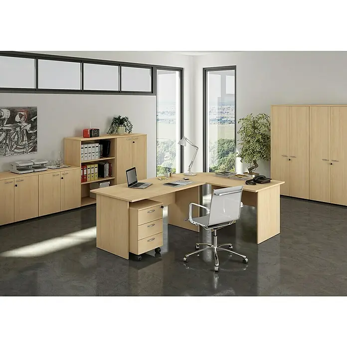 ArtExport Presto Mesa de escritorio en L - L x An x Al: 80 x 160 x 74 cm, Haya, Pata de metal gris - Oficina moderna con escritorio de madera clara, silla de oficina gris y archivadores coordinados, ideal para un espacio de trabajo elegante.