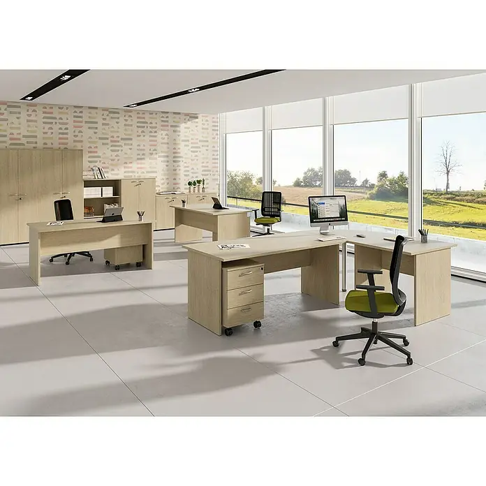 ArtExport Presto Estantería de madera Venere - L x An x Al: 35 x 80 x 72 cm, Número de baldas: 2 ud., Roble - Configuración moderna de oficina con escritorios de madera, armarios y sillas ergonómicas en un espacio de trabajo luminoso.