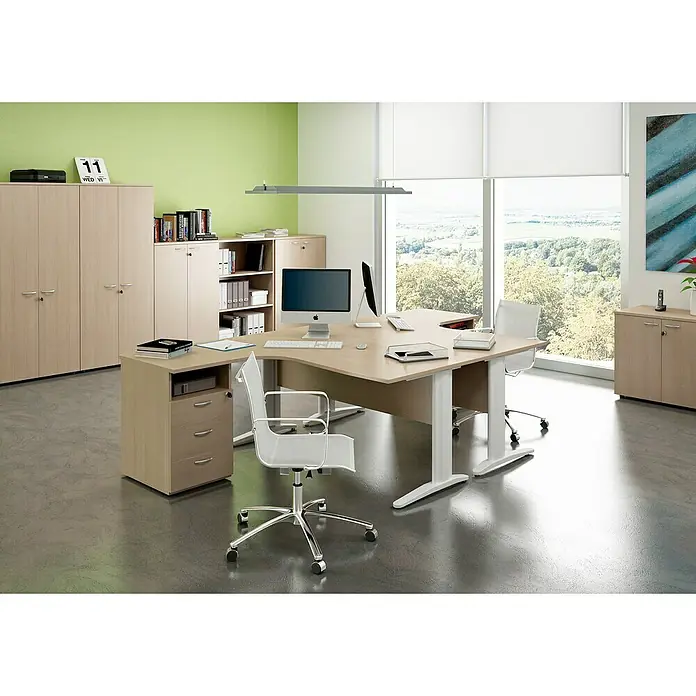 ArtExport Presto Estantería de madera Venere - L x An x Al: 35 x 80 x 72 cm, Número de baldas: 2 ud., Roble - Oficina con escritorio de color claro, ordenadores y mobiliario de oficina en un espacio de trabajo moderno.