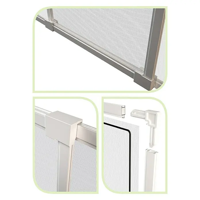 Mosquitera extensible - An x Al: 140 x 50 cm, Montaje de la mosquitera: Inserción, Color bastidor: Blanco - Primer plano de una mosquitera enrollable, mostrando componentes detallados y elementos de montaje para ventanas y puertas.