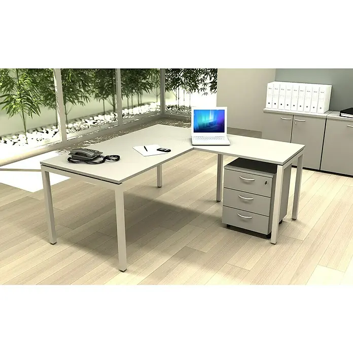ArtExport Presto Cajonera con ruedas Venere - L x An x Al: 52 x 43 x 59,5 cm, Gris, Número de cajones: 3 ud. - Un escritorio de esquina blanco moderno con un ordenador portátil, un teléfono y un archivador gris en una oficina luminosa.