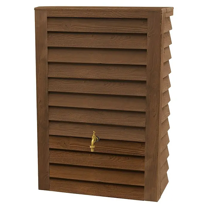 Garantia Exklusive Line Regenspeicher Woody - 300 l, Darkwood - Ein brauner, hölzerner Regenwassertank mit Messinghahn, ideal für Gartenbewässerung und umweltfreundliche Wassernutzung.
