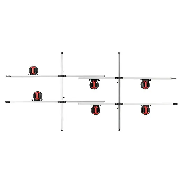 Heka Plattenheber - Passend für: Verlegung großformatiger Fliesen (z. B. 120×260 cm, 160×320 cm) - Ein detailliertes Bild eines modularen Aluminiumprofilsystems mit roten Verbindungselementen, das ein anpassbares und vielseitiges Design zeigt.