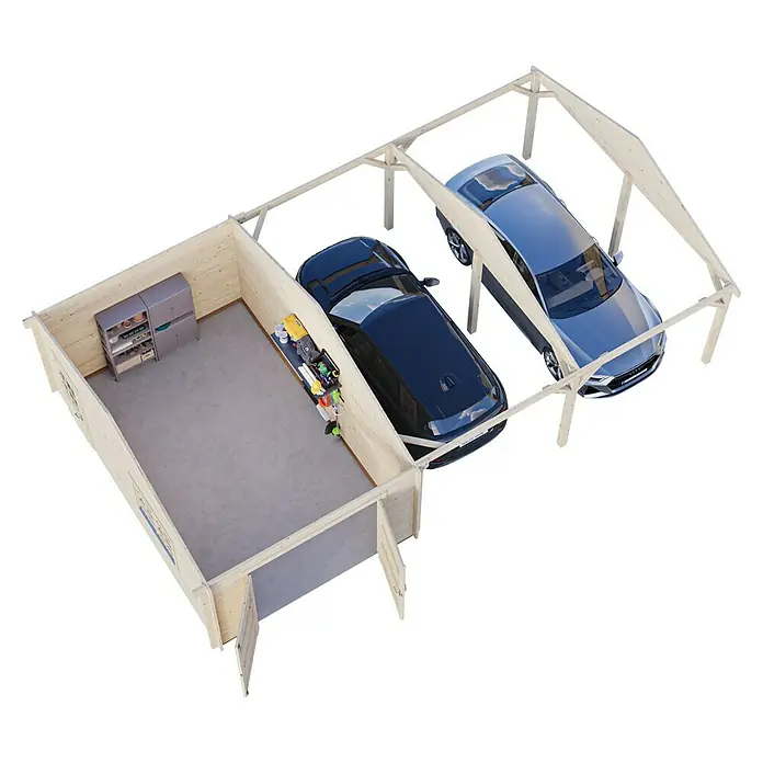 Palmako Garage Roger - Außenmaß inkl. Dachüberstand (B x T): 1.006 x 619 cm, Transparent tauchgrundiert, Holz, 19 m², inkl. Holztor - Ansicht von oben auf eine Garage mit zwei Autos, Werkzeug und Regalen, die die Raumaufteilung und Nutzungsmöglichkeiten zeigt.
