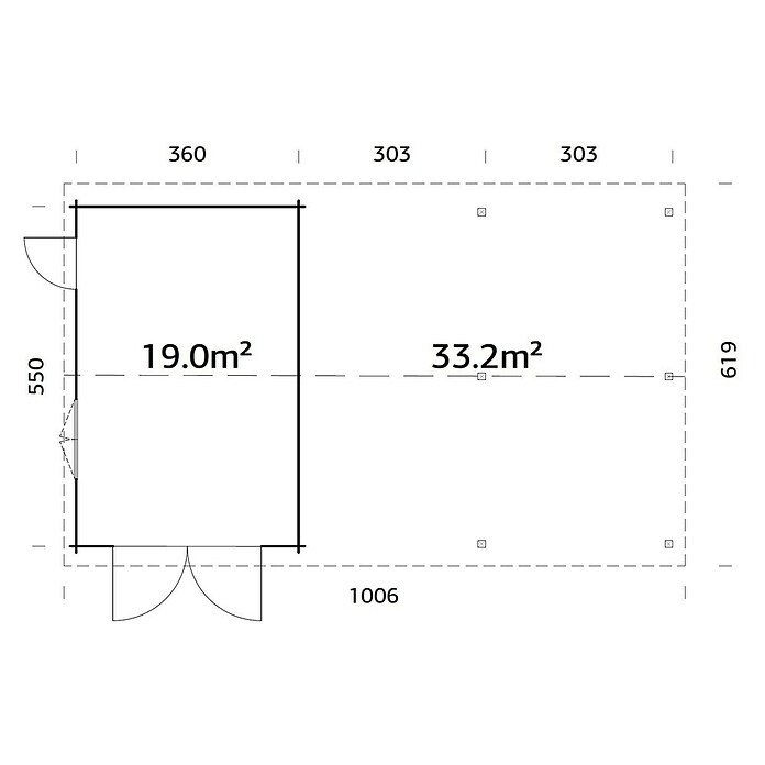 Palmako Garaje con carport Roger con puerta abatible (Medidas ext. (An x Pr): 1.006 x 619 cm, Natural, Madera, 19 m², Incluye puerta de madera) | BAUHAUS