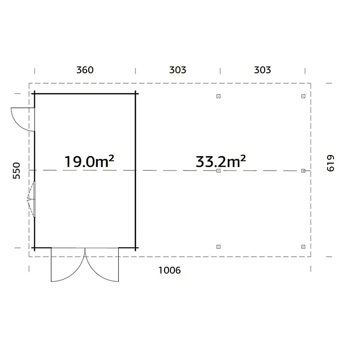 Palmako Garage Roger - Außenmaß inkl. Dachüberstand (B x T): 1.006 x 619 cm, Transparent tauchgrundiert, Holz, 19 m², inkl. Holztor - Grundrisszeichnung eines Gartenhauses mit Maßen und Flächenangaben für Innen- und Außenbereiche.
