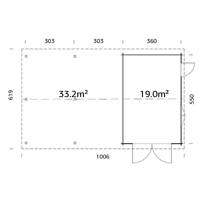 Palmako Garaje con carport Roger con puerta abatible (Medidas ext. (An x Pr): 1.006 x 619 cm, Natural, Madera, 19 m², Incluye puerta de madera) | BAUHAUS
