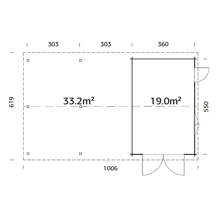 Palmako Garage Roger - Außenmaß inkl. Dachüberstand (B x T): 1.006 x 619 cm, Transparent tauchgrundiert, Holz, 19 m², inkl. Holztor - Grundriss eines Gebäudes mit zwei Bereichen, einer mit 33,2 m² und der andere mit 19,0 m², mit Abmessungen in Millimetern.