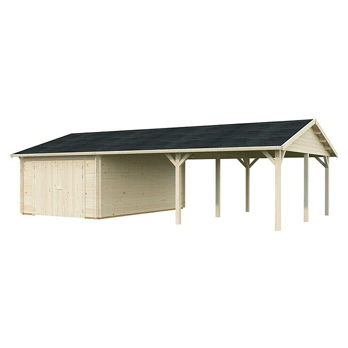 Palmako Garaje con carport Roger con puerta abatible (Medidas ext. (An x Pr): 1.006 x 619 cm, Natural, Madera, 19 m², Incluye puerta de madera) | BAUHAUS