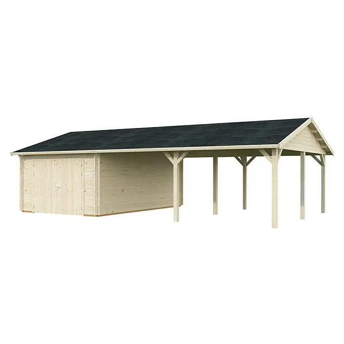 Palmako Garage Roger - Außenmaß inkl. Dachüberstand (B x T): 1.006 x 619 cm, Transparent tauchgrundiert, Holz, 19 m², inkl. Holztor - Ein Holzcarport mit integriertem Schuppen, ideal als Unterstand und zur Lagerung. Die Konstruktion ist hell und bietet Schutz vor Wetter.