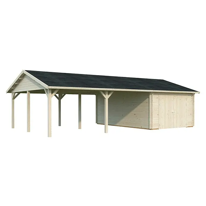 Palmako Garage Roger - Außenmaß inkl. Dachüberstand (B x T): 1.006 x 619 cm, Transparent tauchgrundiert, Holz, 19 m², inkl. Holztor - Außenansicht eines Holzcarports mit Flachdach und seitlichem Abstellraum, ideal für den Schutz von Fahrzeugen und zur Lagerung von Gartengeräten.