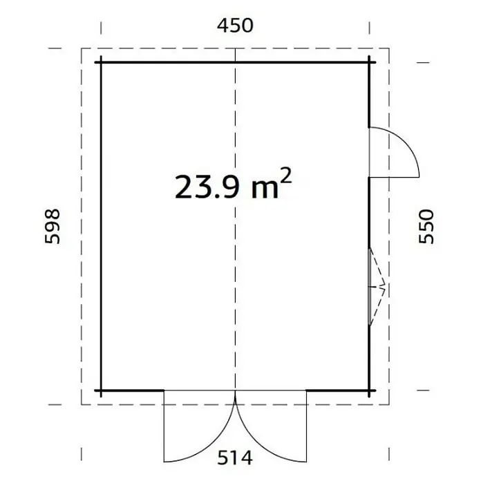 Palmako Garaje Roger con puerta abatible - Medidas ext. (An x Pr): 514 x 598 cm, Madera, Natural, 23,9 m² - Plano de una casa de madera con una superficie de 23,9 m², se indican las dimensiones, mostrando el diseño espacial y el tamaño de la casa.