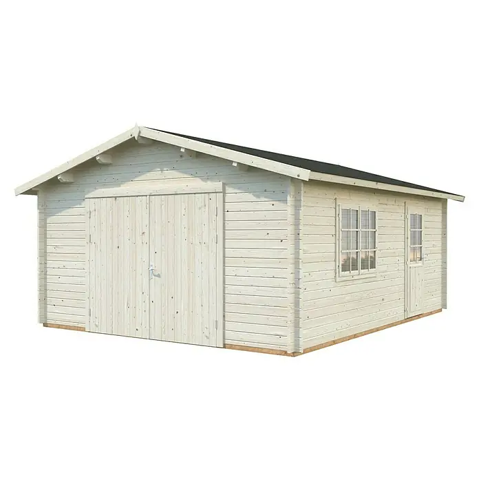 Palmako Garaje Roger con puerta abatible - Medidas ext. (An x Pr): 514 x 598 cm, Madera, Natural, 23,9 m² - La foto muestra un cobertizo de jardín de madera clara con puertas dobles y ventanas. Es una solución de almacenamiento práctica y elegante para el jardín.
