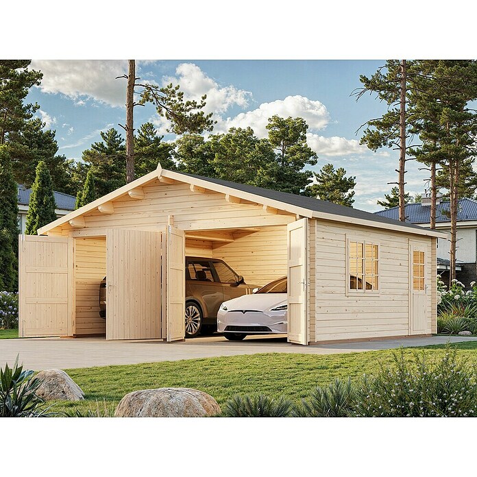Palmako Garaje Roger con puerta abatible (Medidas ext. (An x Pr): 629 x 565 cm, Madera, Natural, 28,4 m²) | BAUHAUS
