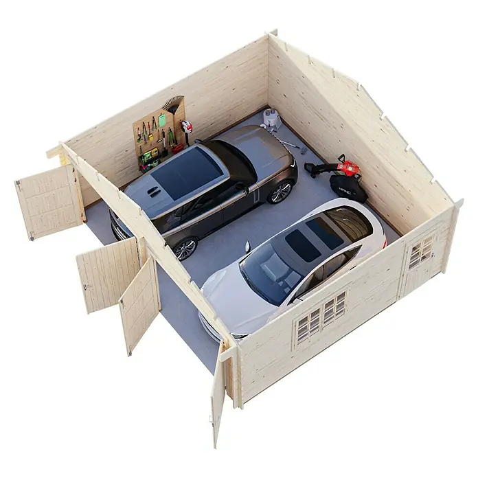 Palmako Garaje Roger con puerta abatible - Medidas ext. (An x Pr): 629 x 565 cm, Madera, Natural, 28,4 m² - Ilustración de un garaje de madera con dos coches aparcados y herramientas de jardinería.