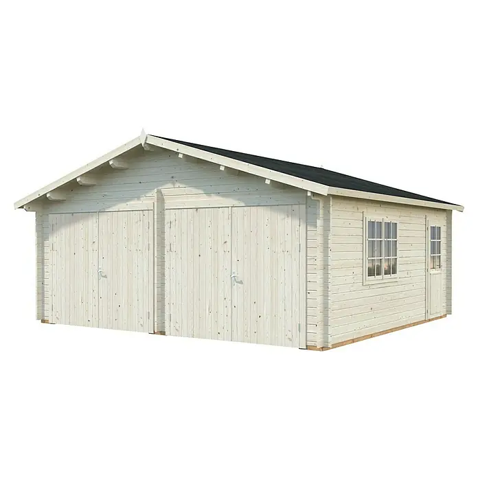 Palmako Garaje Roger con puerta abatible - Medidas ext. (An x Pr): 629 x 565 cm, Madera, Natural, 28,4 m² - Un espacioso garaje de madera con puertas dobles y ventanas. La solución ideal para el almacenamiento seguro de vehículos y equipos.