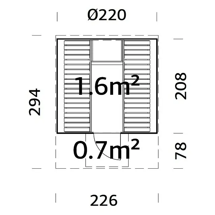 Palmako Fasssauna Anita - Natur, Ohne Ofen, Glastür, 294 x 226 x 225 cm - Dachgrundriss mit den Maßen 294 x 226, einer Fläche von 1,6 m² und 0,7 m² sowie einem Durchmesser von Ø220 für detaillierte Bauplanung.