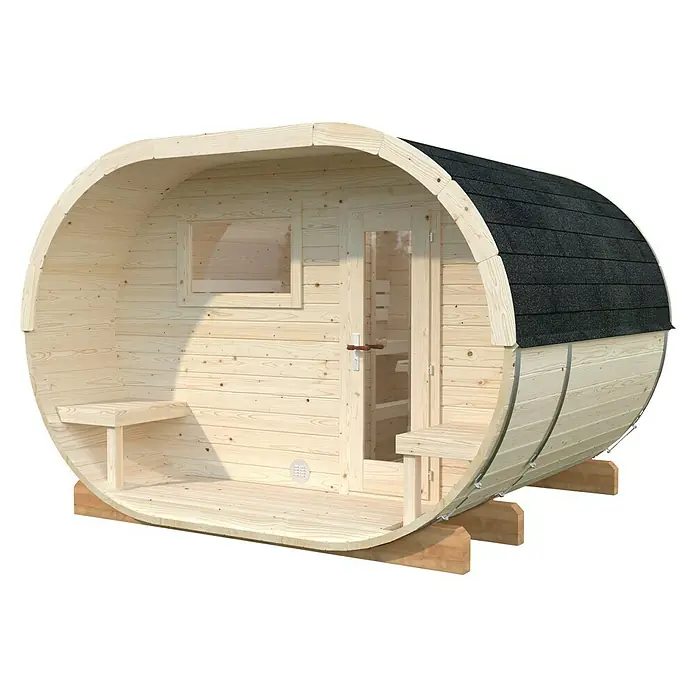 Palmako Saunahaus Anette - Ohne Ofen, Natur, L x B x H: 274 x 334 x 225 cm - Sauna-Fass aus Holz mit Tür und kleinem Fenster. Entspannung pur in der eigenen Gartensauna. Ideal für Wellness zu Hause.