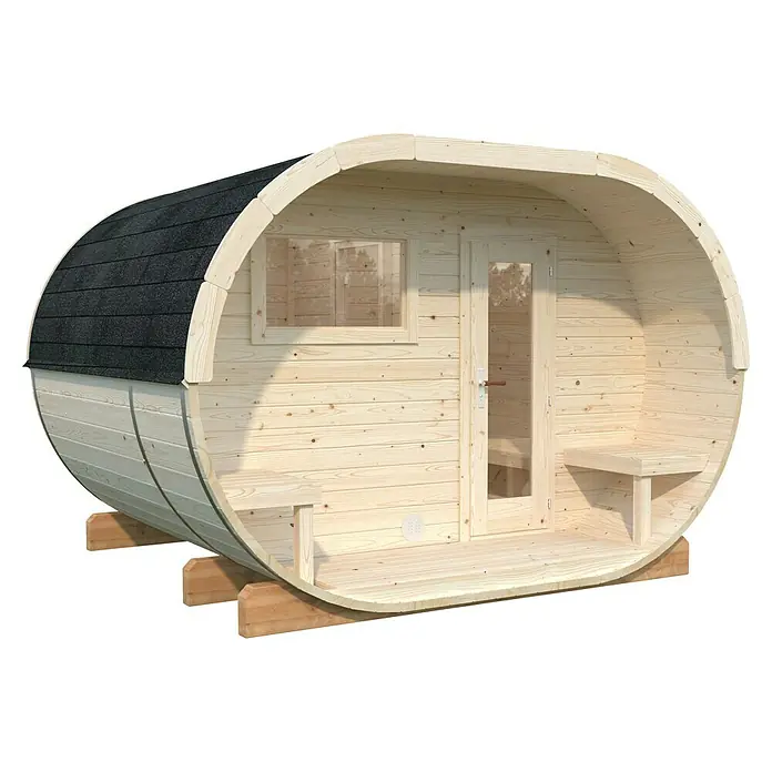 Palmako Saunahaus Anette - Ohne Ofen, Natur, L x B x H: 274 x 334 x 225 cm - Fassförmige Außensauna aus hellem Holz mit schwarzem Dach, ideal für entspannende Momente im eigenen Garten.