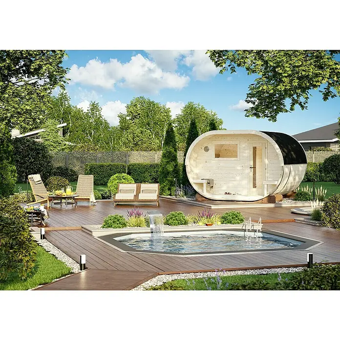 Palmako Saunahaus Anette - Ohne Ofen, Natur, L x B x H: 274 x 334 x 225 cm - Wunderschöne Gartensauna mit Pool und Sonnenterrasse. Entspannen Sie im stilvollen Ambiente mit hochwertiger Sauna und erfrischendem Poolbereich.